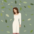 Flat illustration with brunette woman in white dress with red ethnic slavic ornament on sleeves and edge of dress